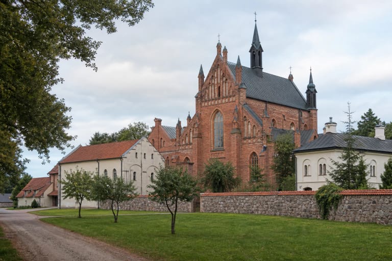 Neo-Gothic church of Senieji Trakai with small towers on a former castle site