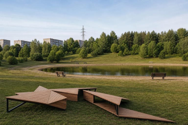 Šeškiuko Lakelet with a low wooded esker, apartment blocks, power line, and the wooden Geo Art installation