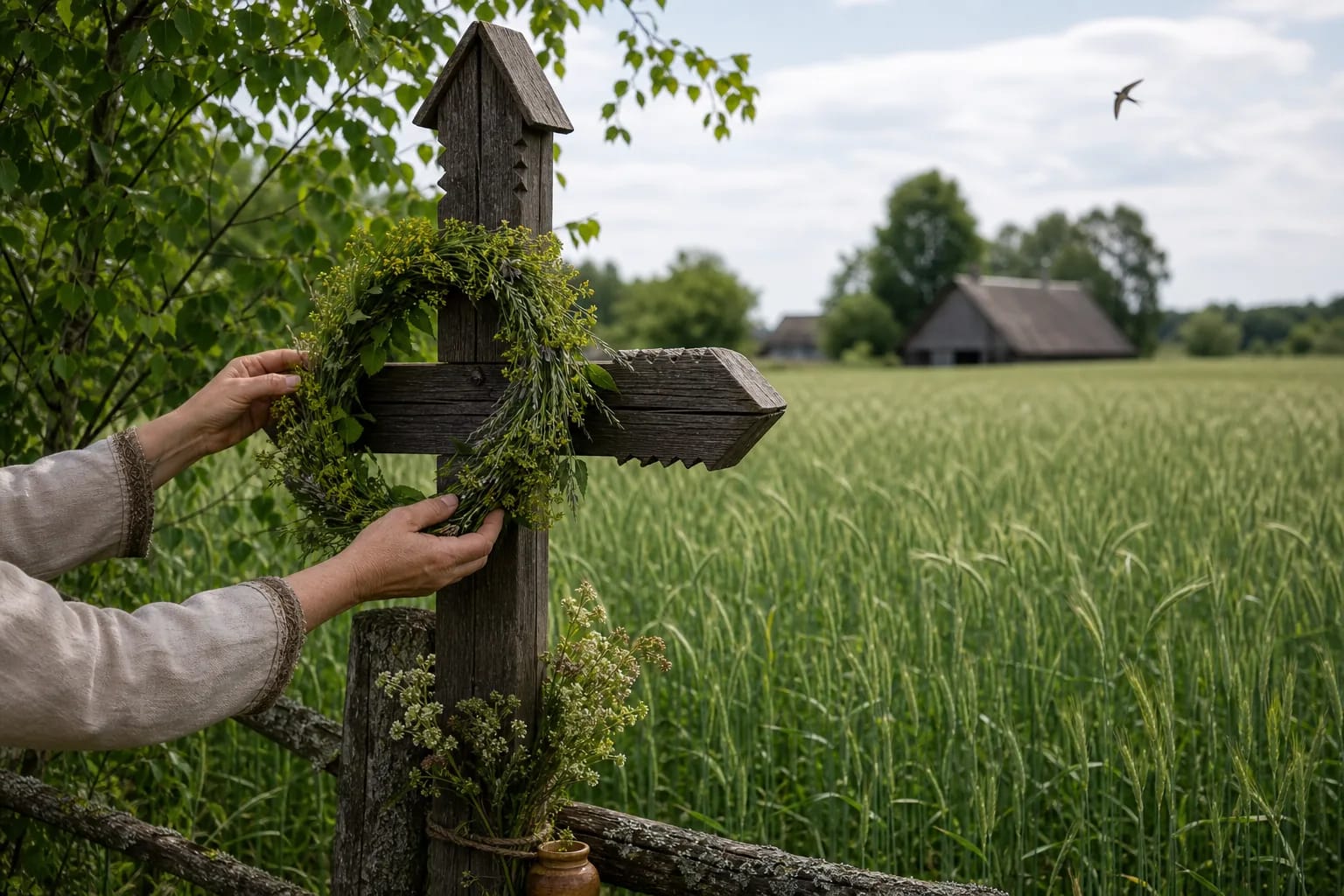 A Sestines wreath placed on a roadside cross beside rye