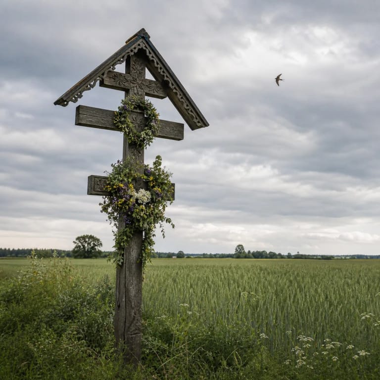 A Lithuanian roadside cross decorated for Sestines beside a green rye field and a flying swallow