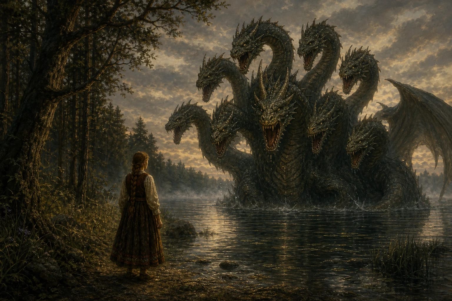 The Sister and the Nine-Headed Dragon visual interpretation with dragon, nine heads, sister's courage motifs