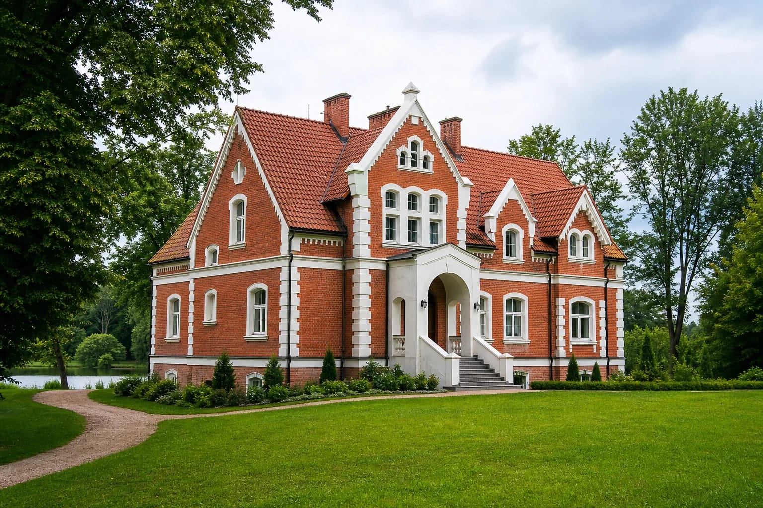 Šešuolėlių angliško kotedžo stiliaus raudonų plytų dvaras su parku Širvintų rajone