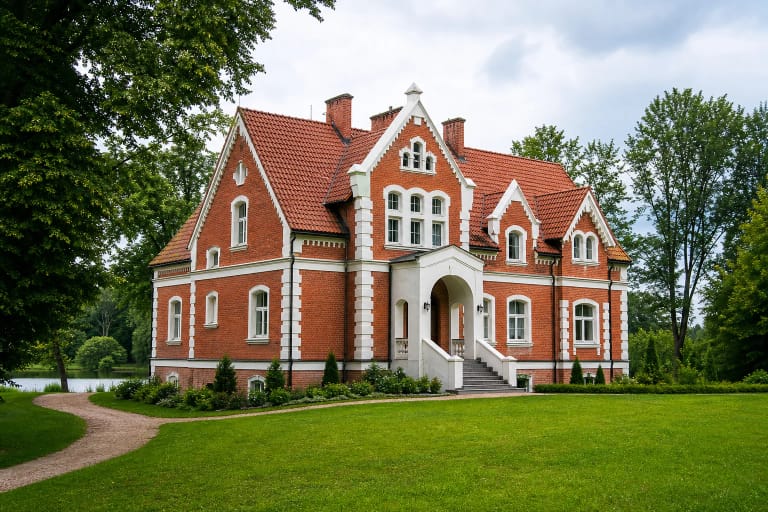 Šešuolėlių angliško kotedžo stiliaus raudonų plytų dvaras su parku Širvintų rajone