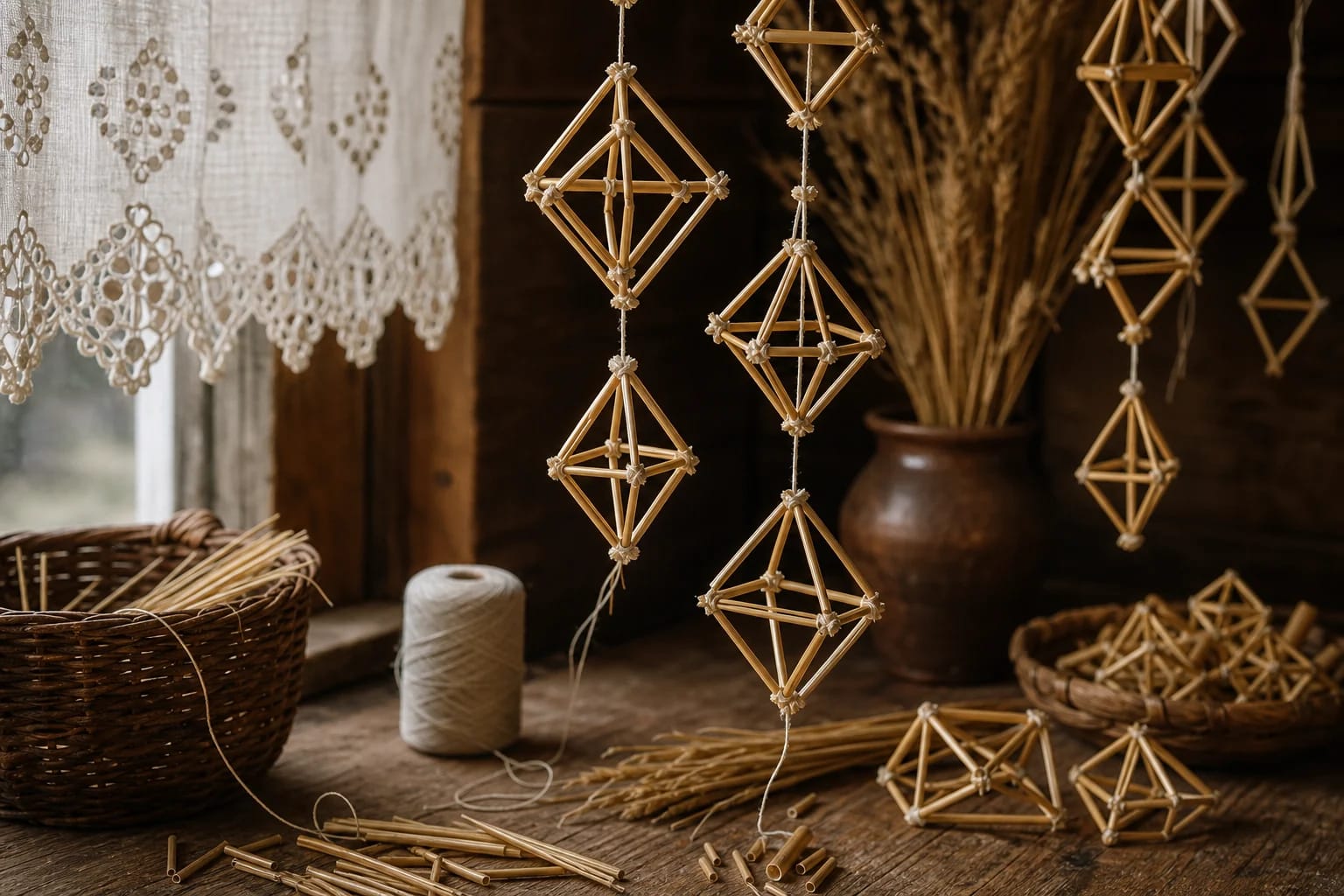 Straw Garlands visual detail with tools and materials typical of the craft
