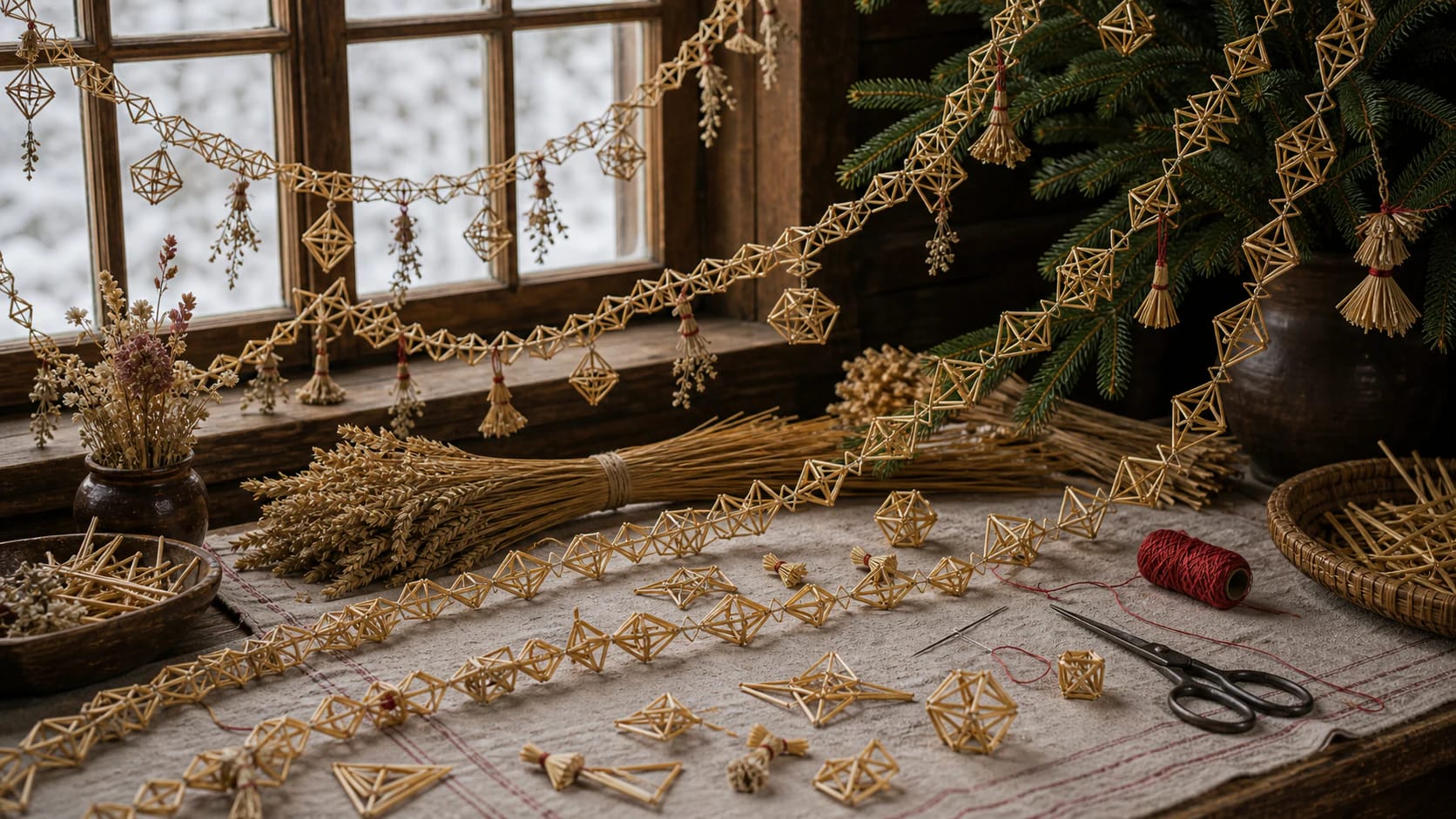Lithuanian straw garlands made of diamond, triangle, and cube modules hanging in a window and on spruce branches
