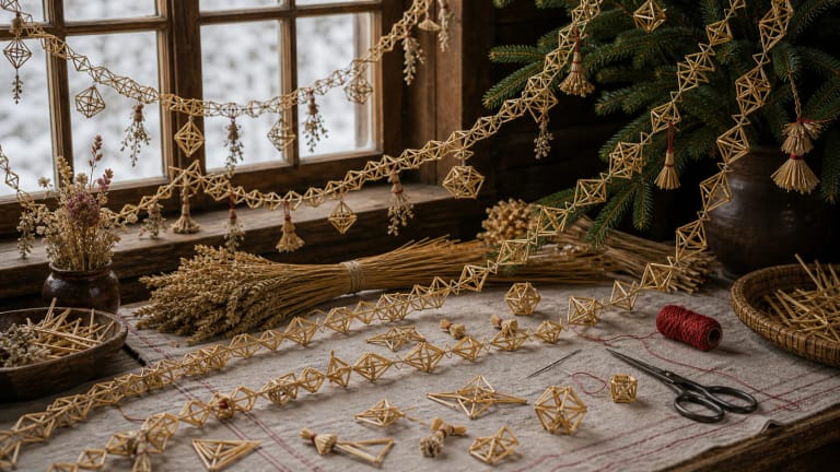 Lithuanian straw garlands made of diamond, triangle, and cube modules hanging in a window and on spruce branches