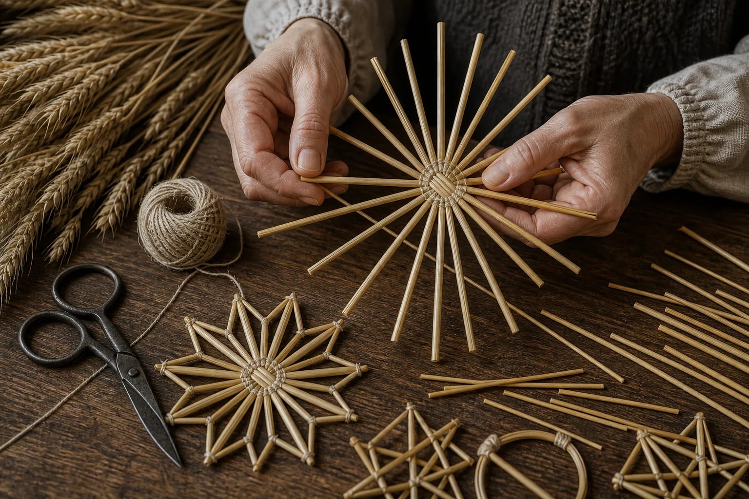 Straw Stars visual detail with tools and materials typical of the craft