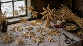 Lithuanian straw stars, sunbursts, and snowflakes on a linen tablecloth, hung in a window and prepared from rye straw