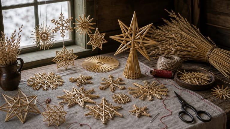 Lithuanian straw stars, sunbursts, and snowflakes on a linen tablecloth, hung in a window and prepared from rye straw