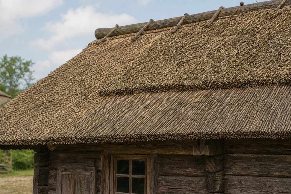 Traditional Lithuanian house with a thick thatch roof and a lagoon homestead with a reed roof, ridge details, and broad eaves