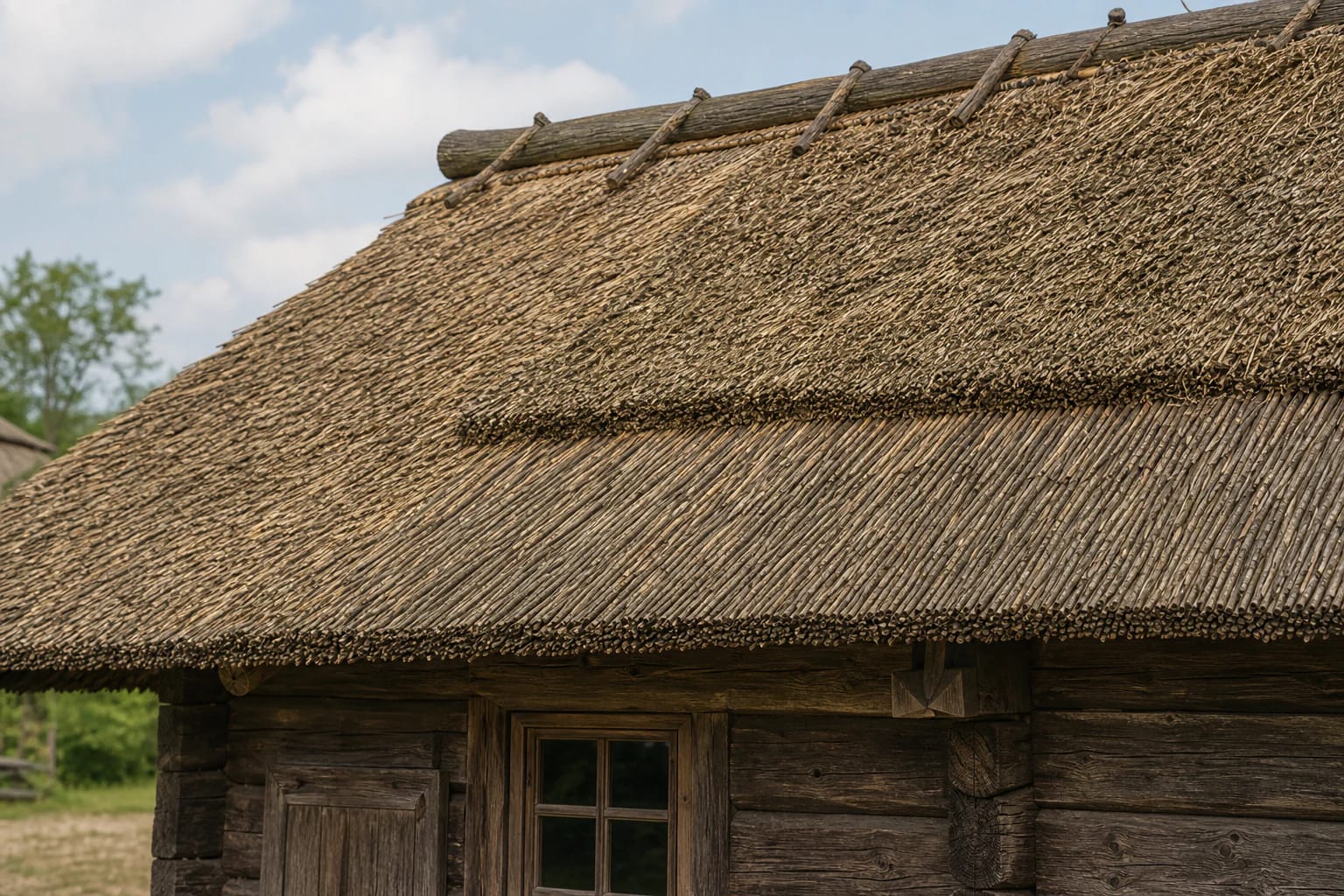 Traditional Lithuanian house with a thick thatch roof and a lagoon homestead with a reed roof, ridge details, and broad eaves