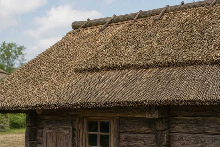 Traditional Lithuanian house with a thick thatch roof and a lagoon homestead with a reed roof, ridge details, and broad eaves
