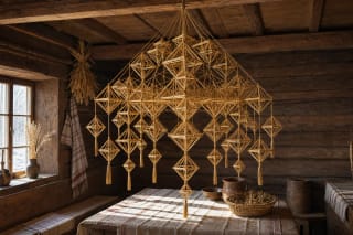 A Lithuanian straw garden above a festive table as a symbol of household harmony and cosmos