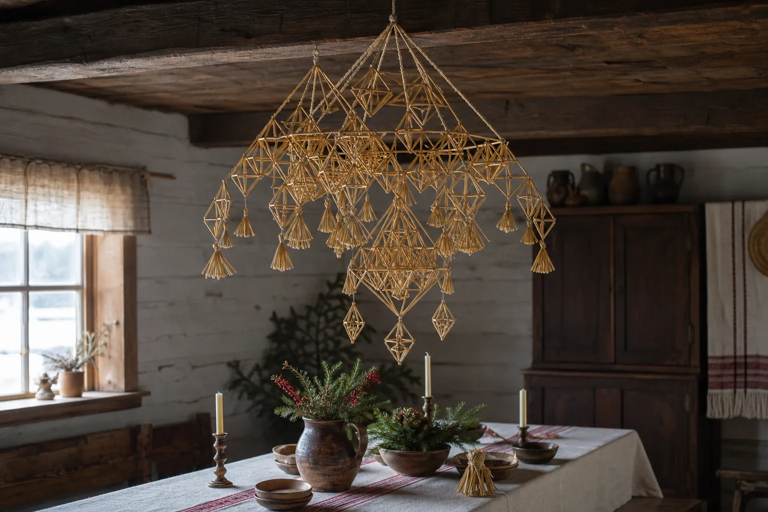 Straw garden mobile hanging above a festive table in a traditional wooden room.