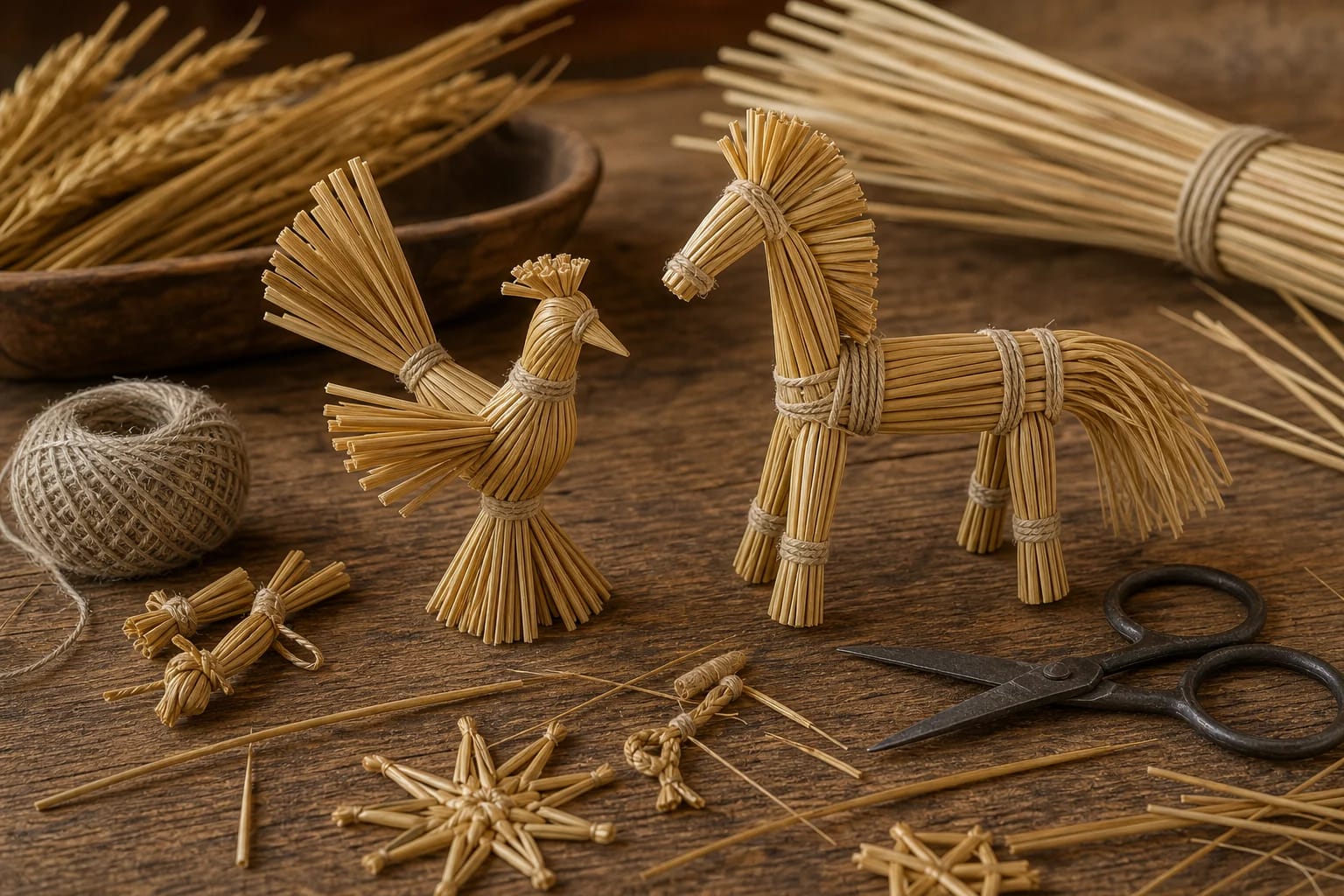 Straw Ornaments visual detail with tools and materials typical of the craft