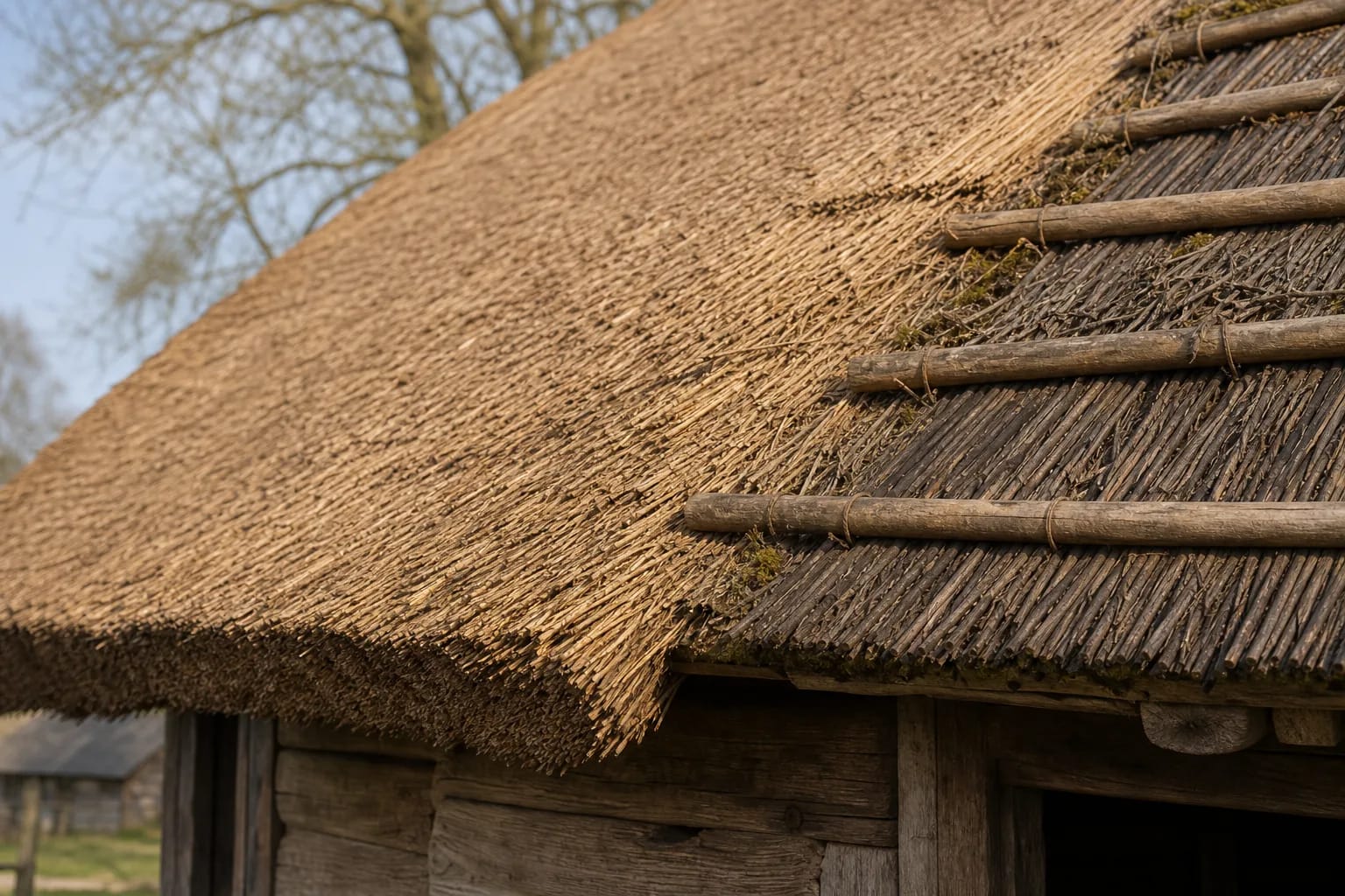 The value of a straw or reed roof lies in dense material layering.