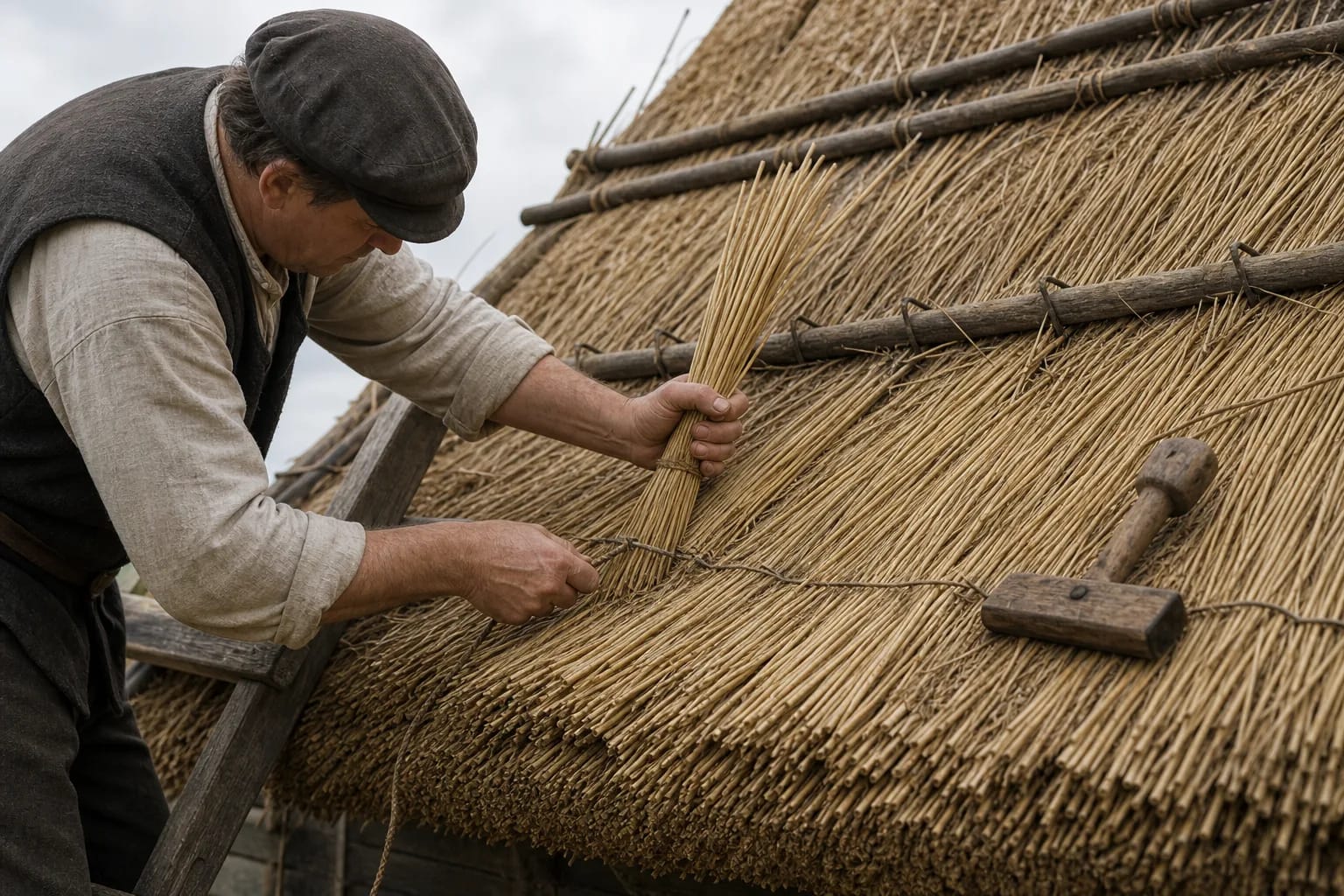 A thatcher ties bundles and compacts the roof layer.