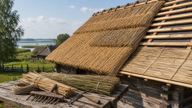A traditional Lithuanian house being covered with straw and reed bundles, with reeds, straw, rope, and thatching tools on a wooden table