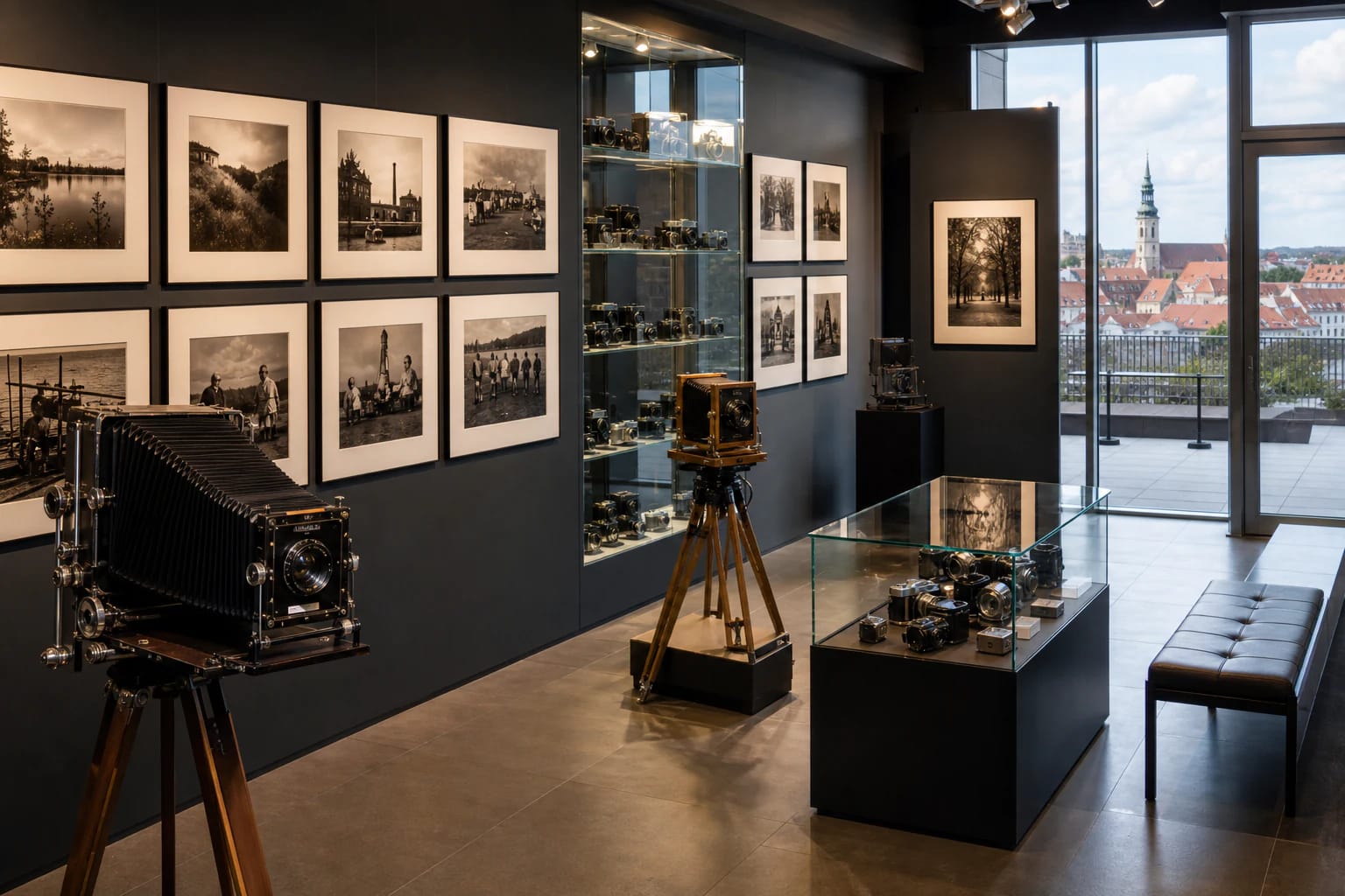 Šiaulių fotografijos muziejaus ekspozicija su senais fotoaparatais ir miesto centro terasos vaizdu