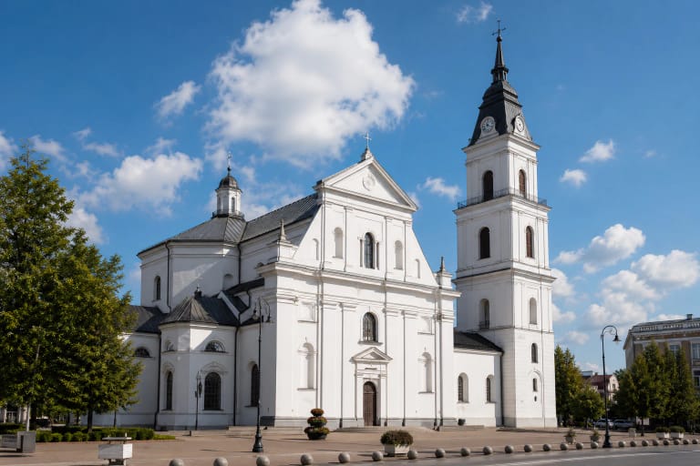 Šiaulių Šv. apaštalų Petro ir Pauliaus katedros baltas fasadas ir aukštas bokštas miesto centre