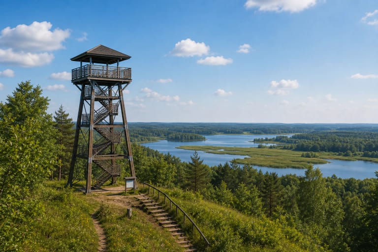 Siberijos Observation Tower on a green Žemaitija National Park slope with lake and bog panorama
