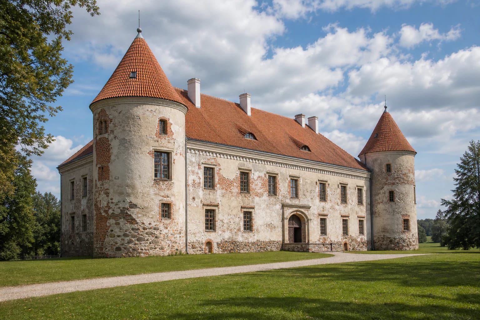 Siesikų pilis su dviem bokštais, mūro fasadu ir dvaro parko aplinka
