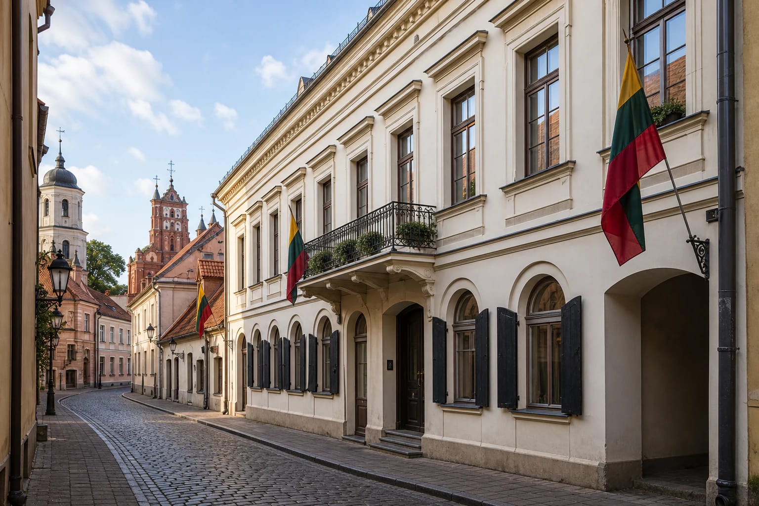 Signatarų namų fasadas Vilniaus Pilies gatvėje su istoriniu miesto namu