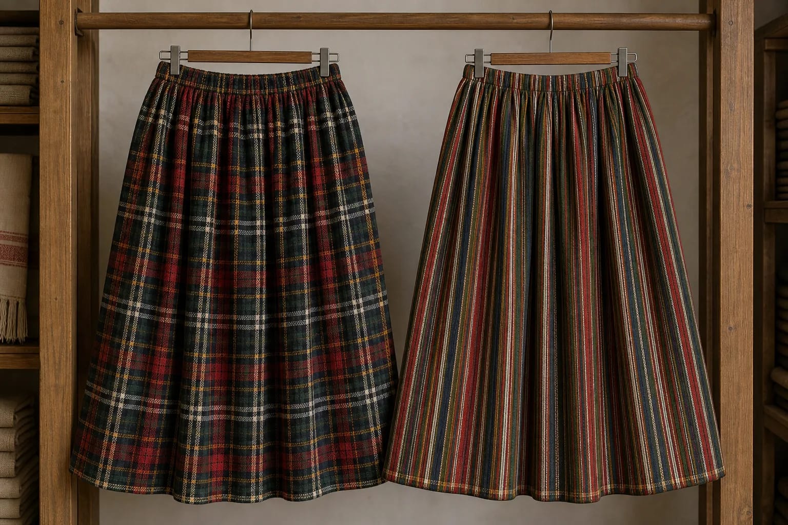 Checks and stripes shape the skirt’s color rhythm.