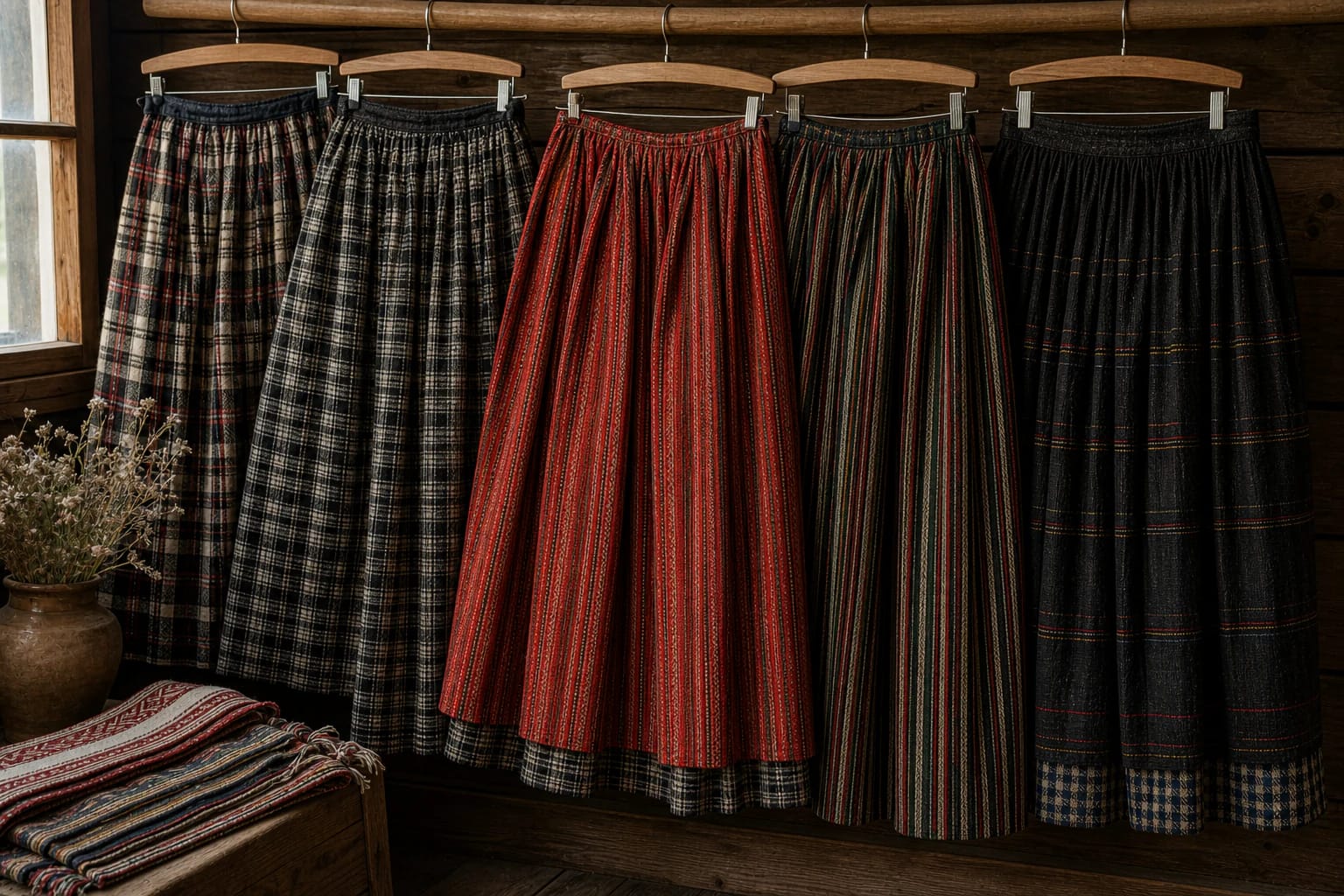 Lithuanian national-costume skirts with checks, stripes, pleats, and woolen fabrics