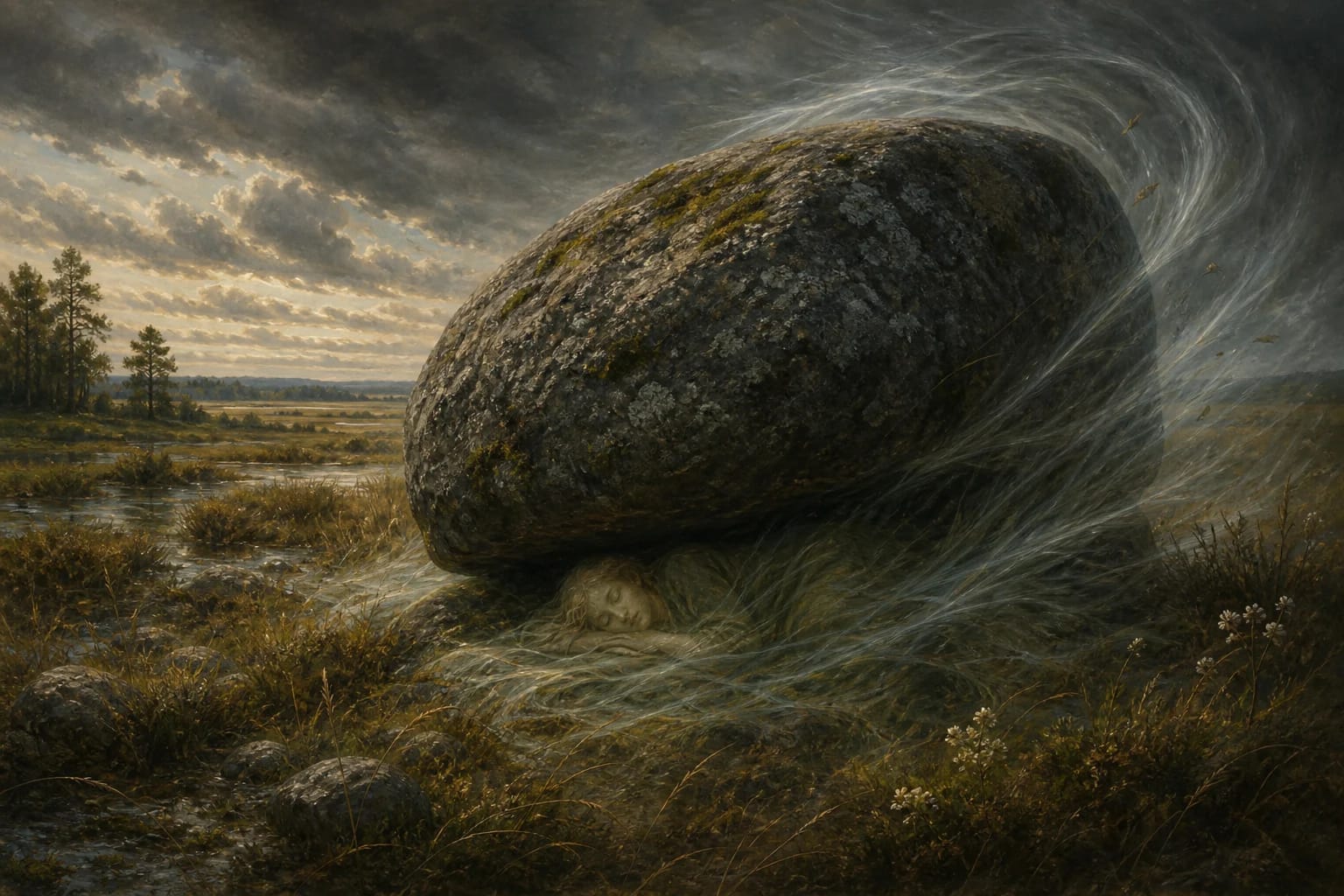 Legend of Šilalė Kūlis visual interpretation with son of the wind, sleeping beneath a stone, kūlgrinda motifs