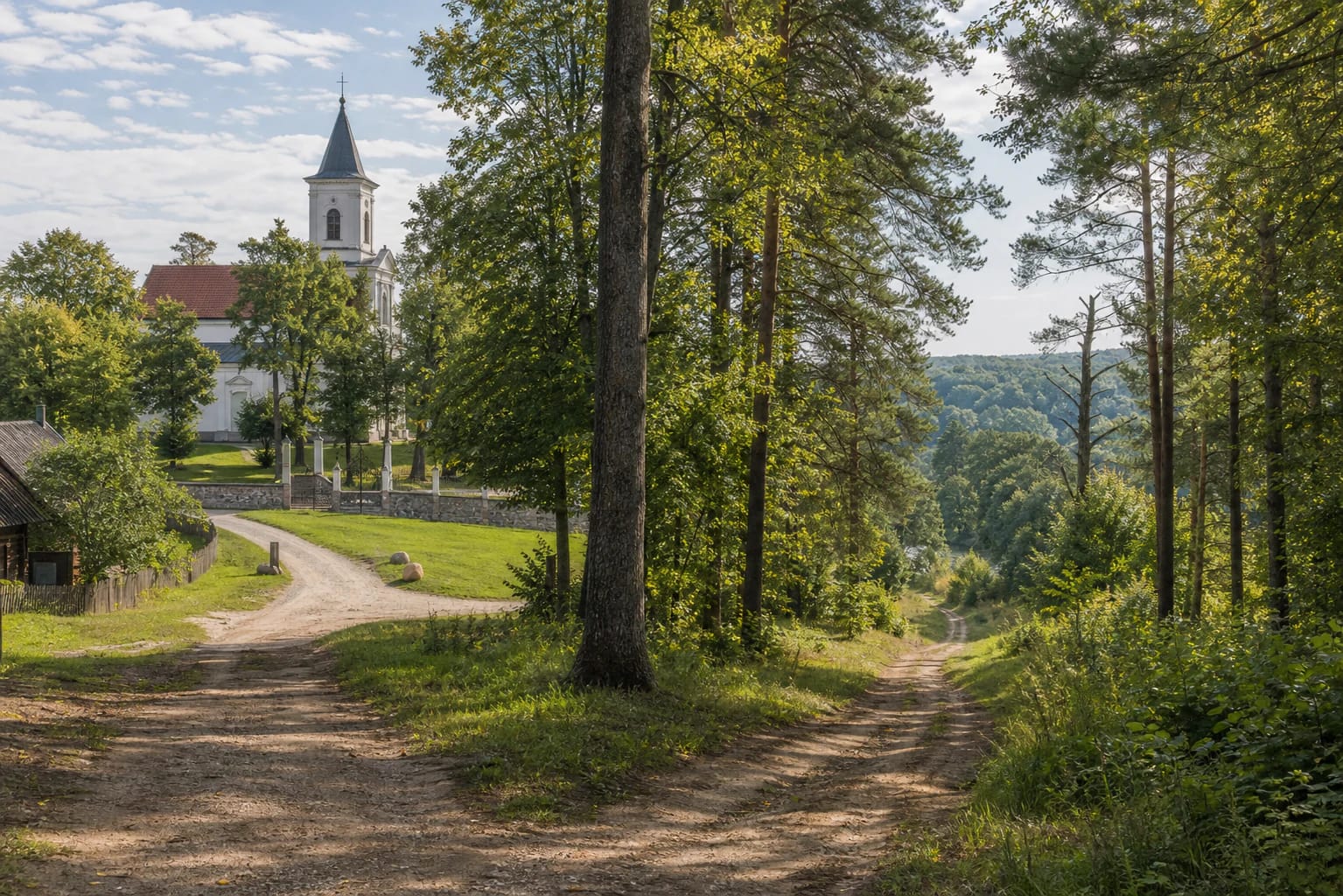 Šilėnai Nature Trail with a village edge, forest road, and green landscape of Neris Regional Park