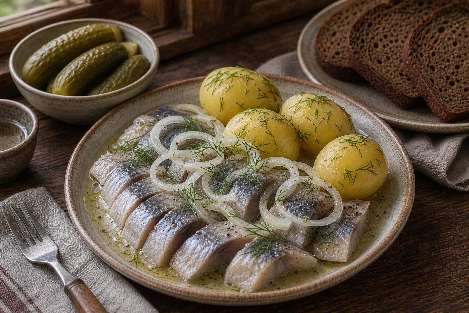 Сельдь с горячим варёным картофелем, луком, укропом и растительным маслом на литовском столе