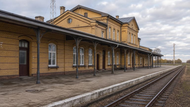 Yellow-brick building of Šilutė Railway Station with the platform canopy