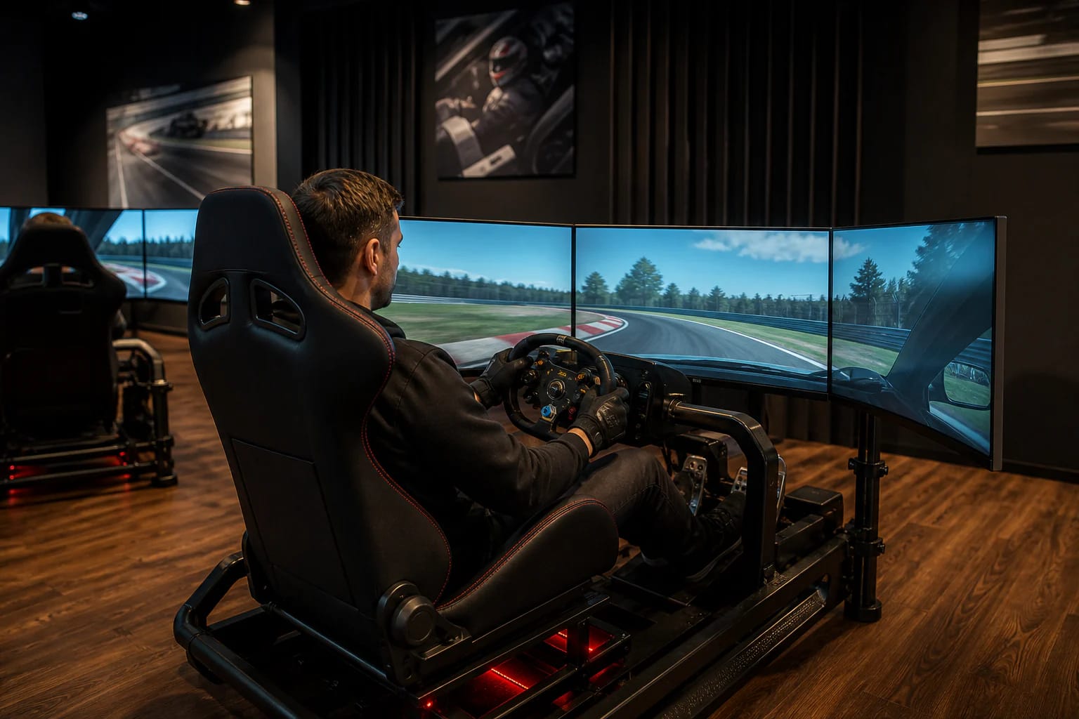 A driver in a black racing simulator seat facing three screens at Sim Studija Klaipėda