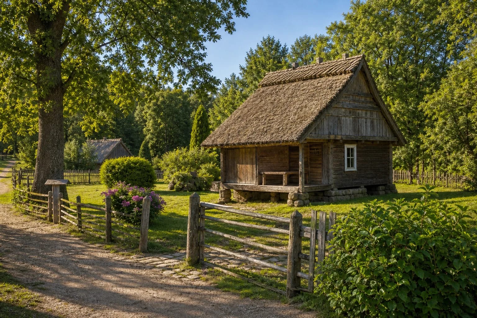 The granary at Simonas Daukantas Birthplace with a reed roof and wooden roadside shrines in Kalviai village
