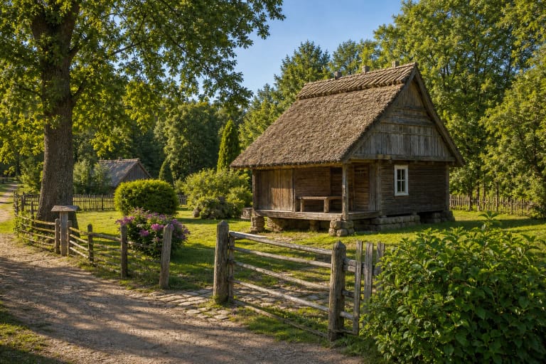The granary at Simonas Daukantas Birthplace with a reed roof and wooden roadside shrines in Kalviai village