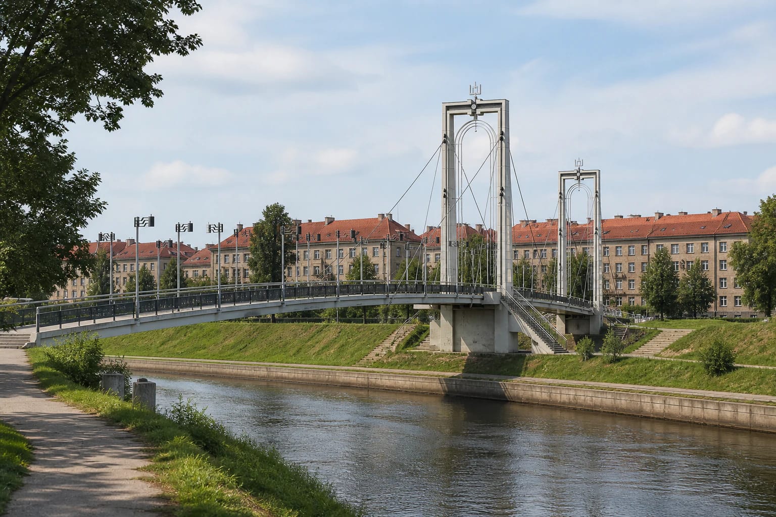 Simonas Daukantas Pedestrian Bridge in Kaunas with tall pylons, suspension cables, and Nemunas Island greenery