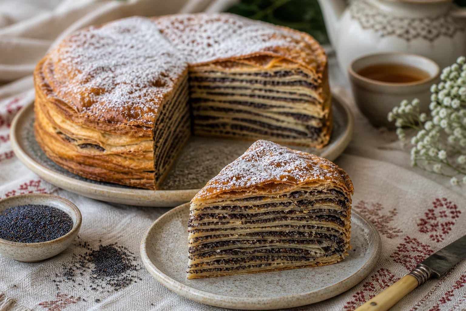 Cut šimtalapis with many buttery layers, poppy seed filling, and raisins on a wooden table