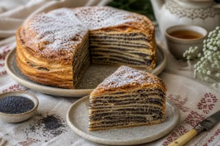 Cut šimtalapis with many buttery layers, poppy seed filling, and raisins on a wooden table