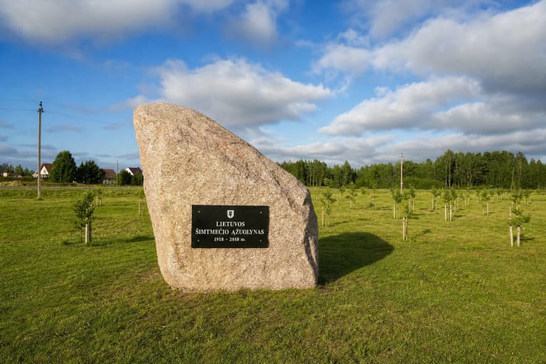 Huge pale boulder with the black 1918-2018 Centennial Oak Grove plaque among young oaks in Dovilai