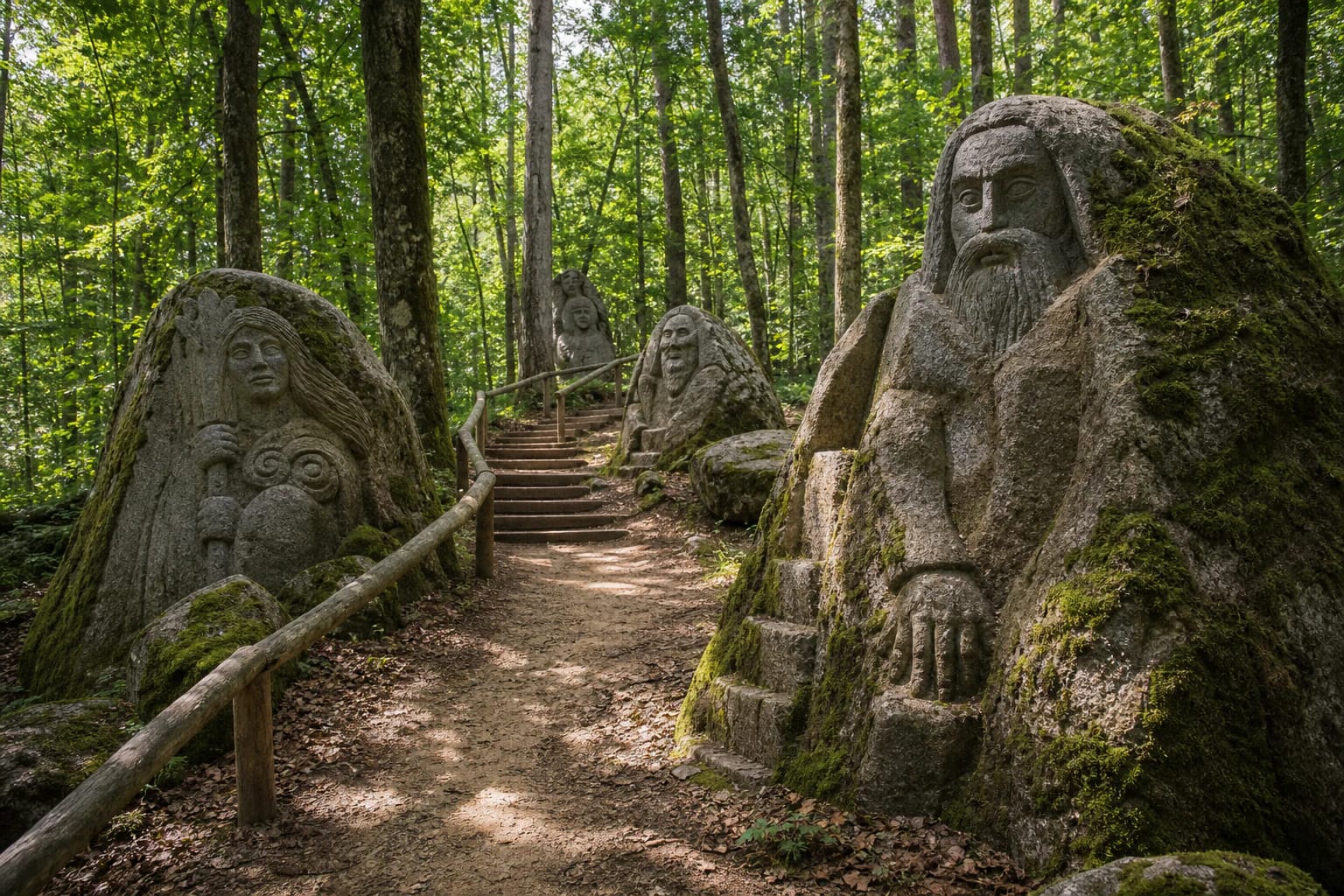 Sirvėtos mitologinio tako akmeninės Dievybių skulptūros miško take prie Šventos dvarvietės