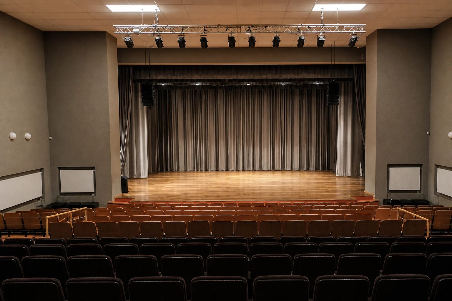 Main hall of Širvintai Cultural Centre with a wood stage, grey curtains, and blue seats