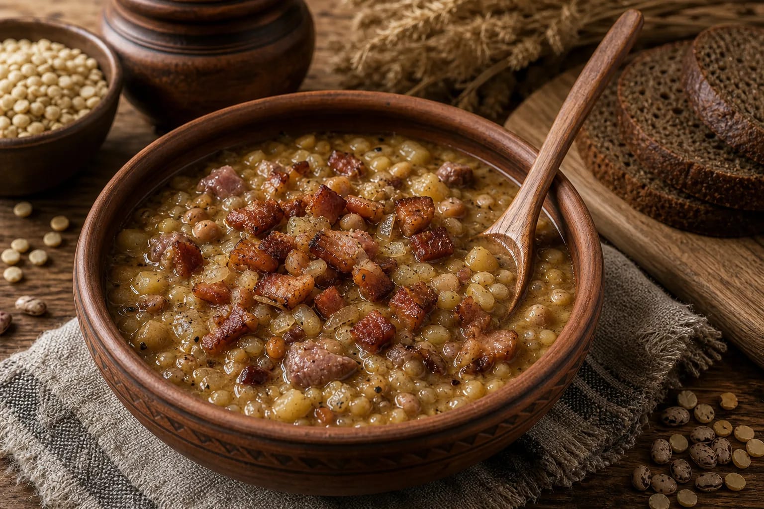 Šiupinys with peas, beans, barley groats, pork, spirgai, and onions in a clay bowl