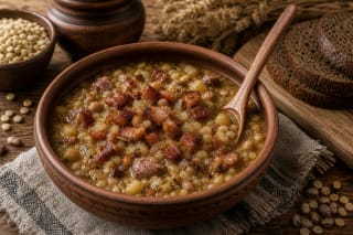 Šiupinys with peas, beans, barley groats, pork, spirgai, and onions in a clay bowl