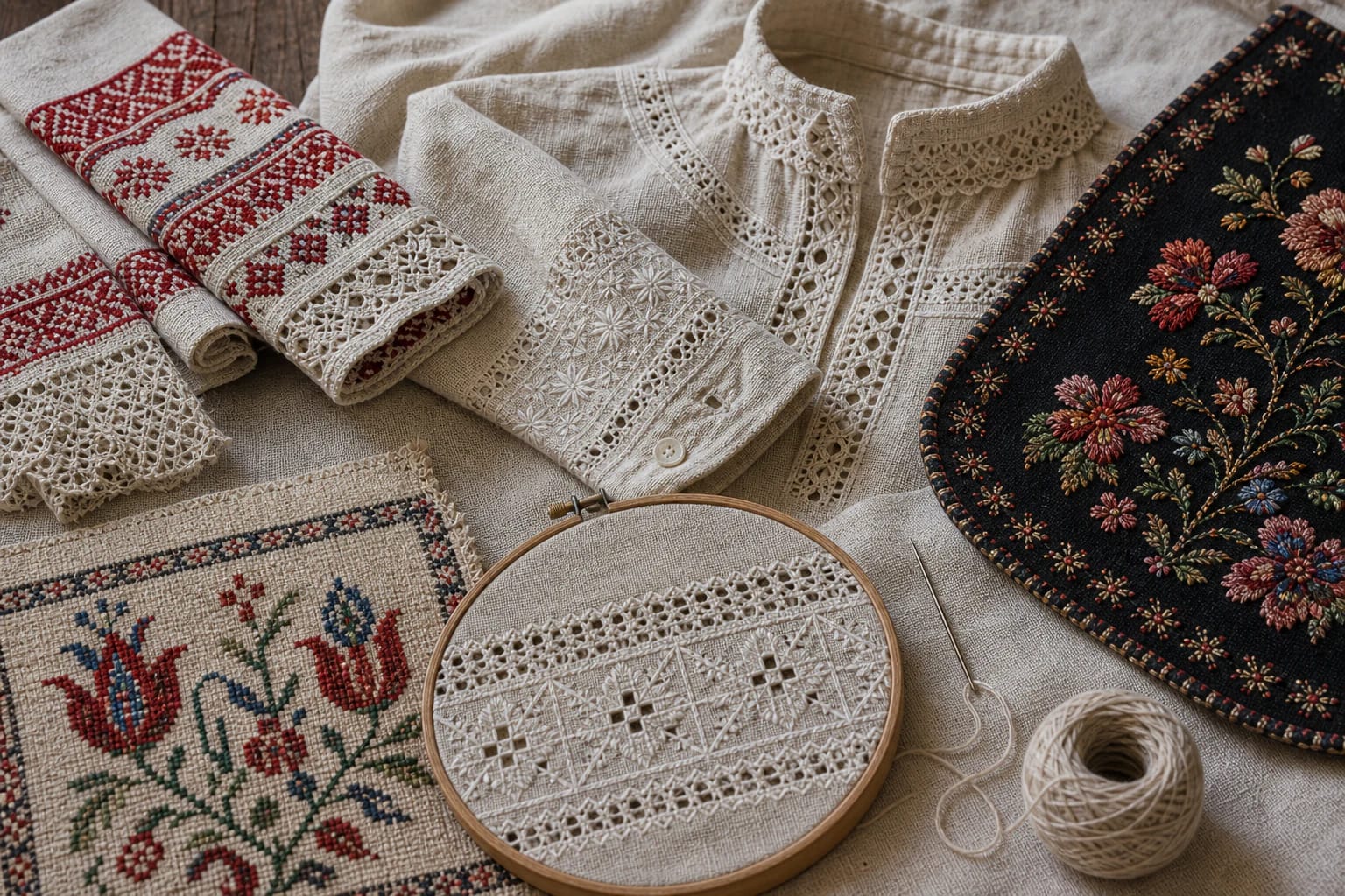Lithuanian embroidery samples on linen: whitework, drawn-thread work, and cross-stitch