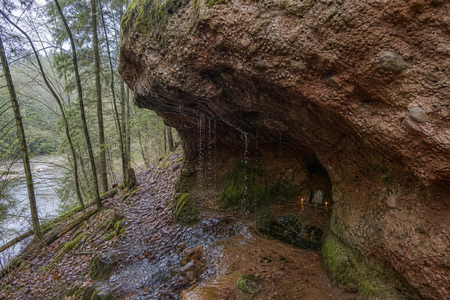 Conglomerate niche of Skališkiai Rock with dripping spring water in a forest ravine by the Neris