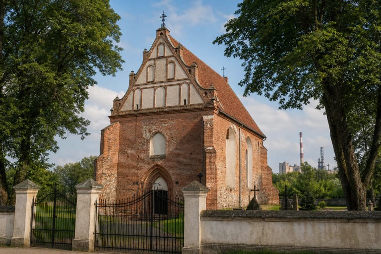 Skarulių Šv. Onos raudonų plytų bažnyčia šventoriuje su pramonės bokštais tolumoje