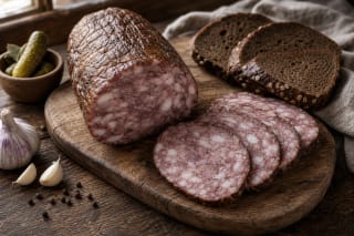 Нарезанный литовский скиландис на деревянной доске с ржаным хлебом, чесноком и перцем