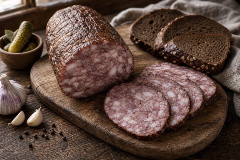 Sliced Lithuanian skilandis on a wooden board with rye bread, garlic, and pepper
