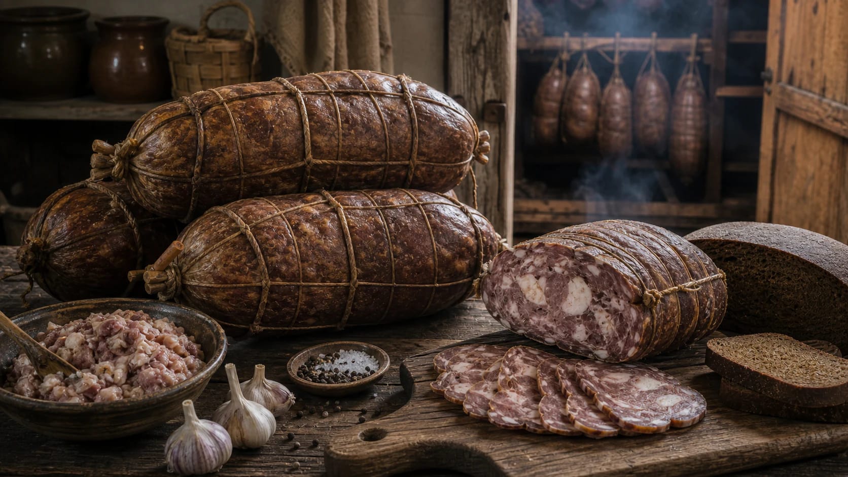 Lithuanian skilandis sliced on a wooden board with garlic, pepper, and rye bread